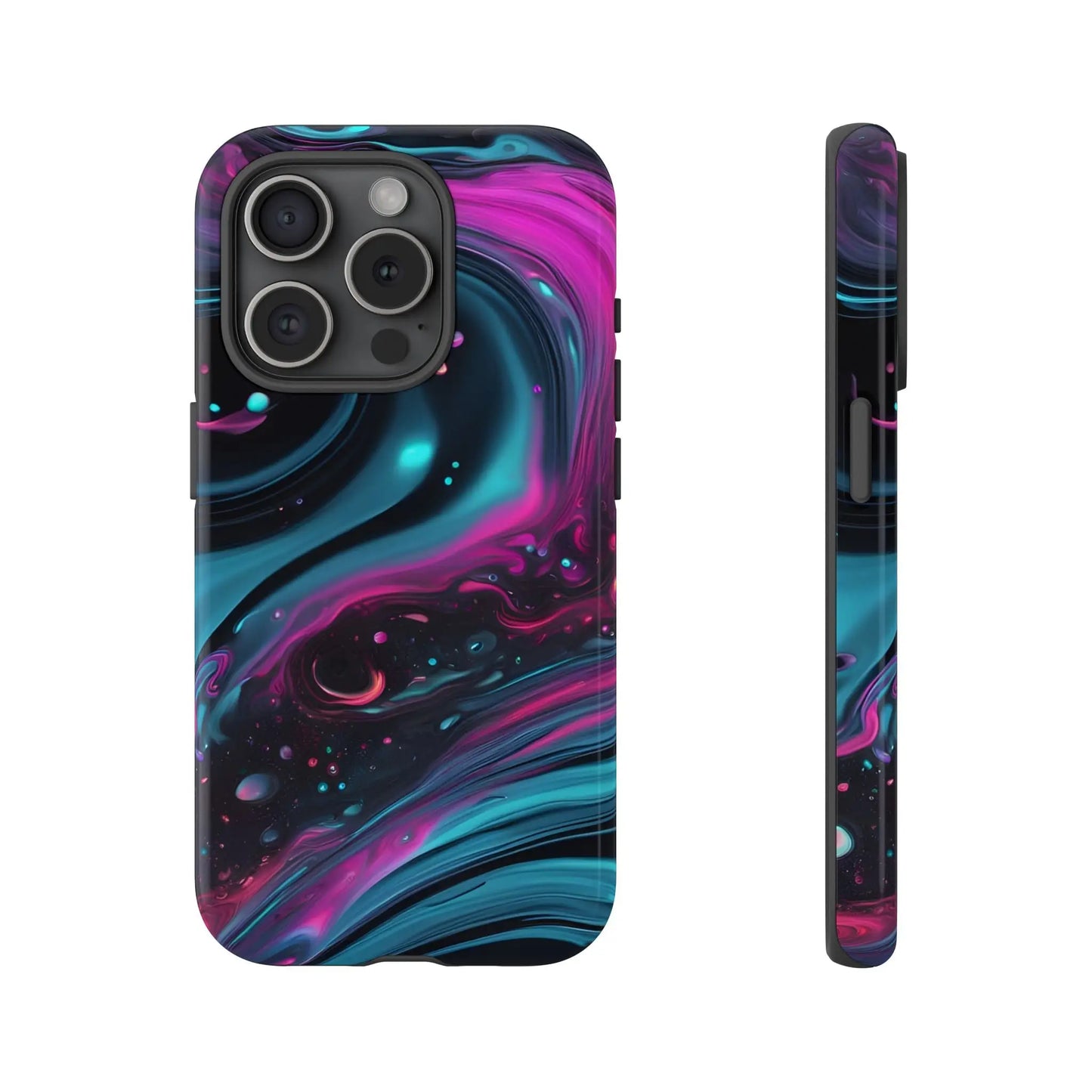 Bold galaxy phone case with vibrant cosmic swirl design in deep purples teals and blacks glossy finish shown from back side