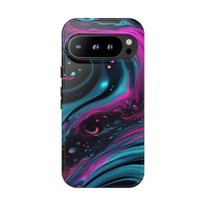 Bold galaxy phone case with vibrant magenta and teal cosmic swirl design on dark background showing back side