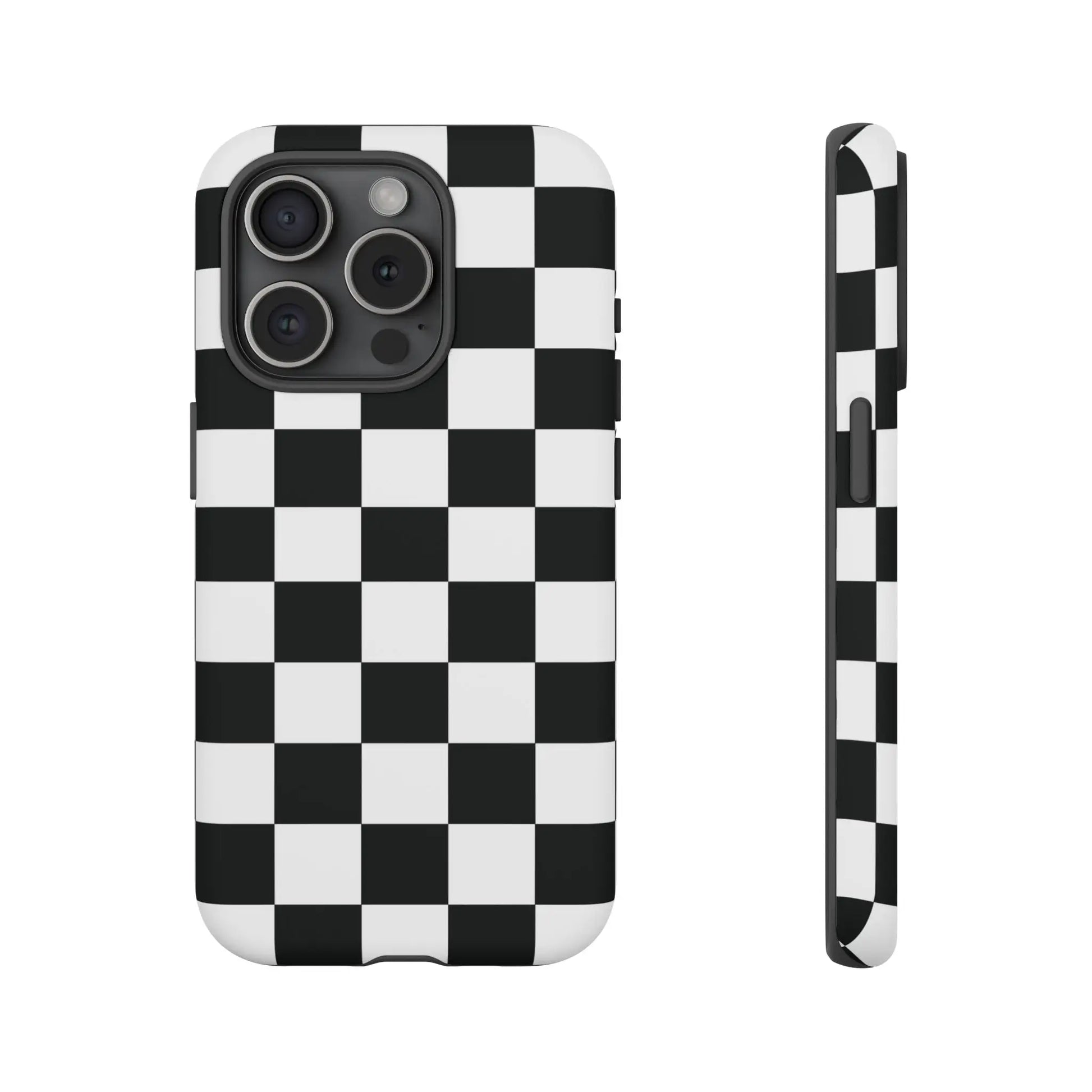 Back side of a sleek black and white checkered flag phone case designed for iPhone with protective cover and modern style