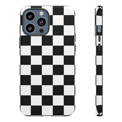 Black and white checkered flag phone case showing the back with sleek protective cover for iphone models