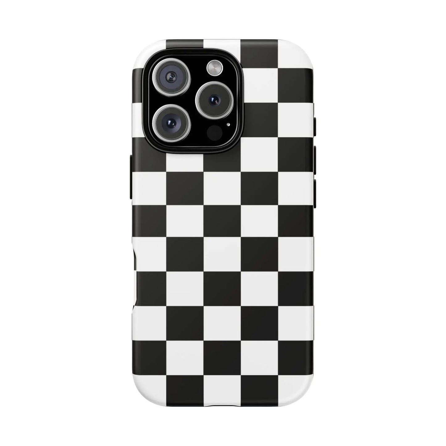 Black and white checkered flag phone case with sleek glossy finish shown from back for protective iPhone cover