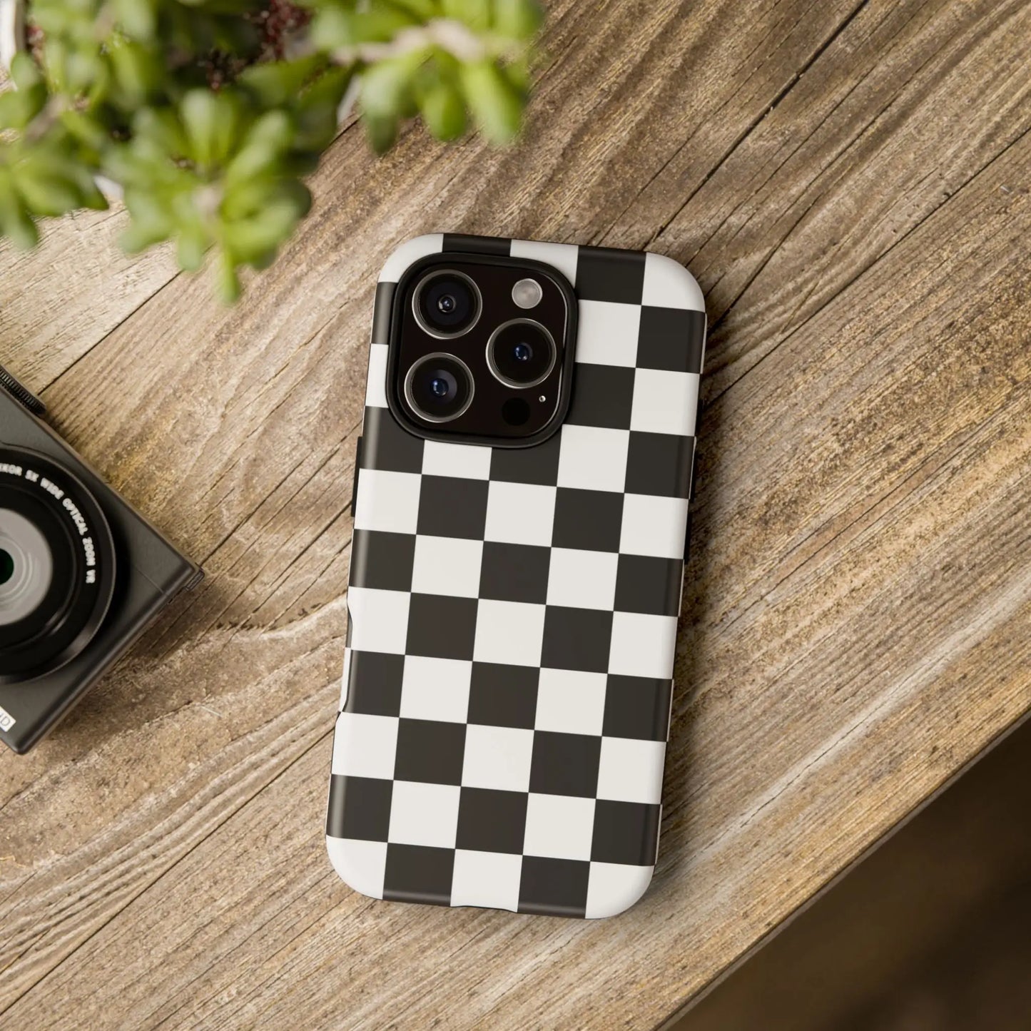 Black and white checkered flag phone case showing the back side with a sleek protective cover for iphone models