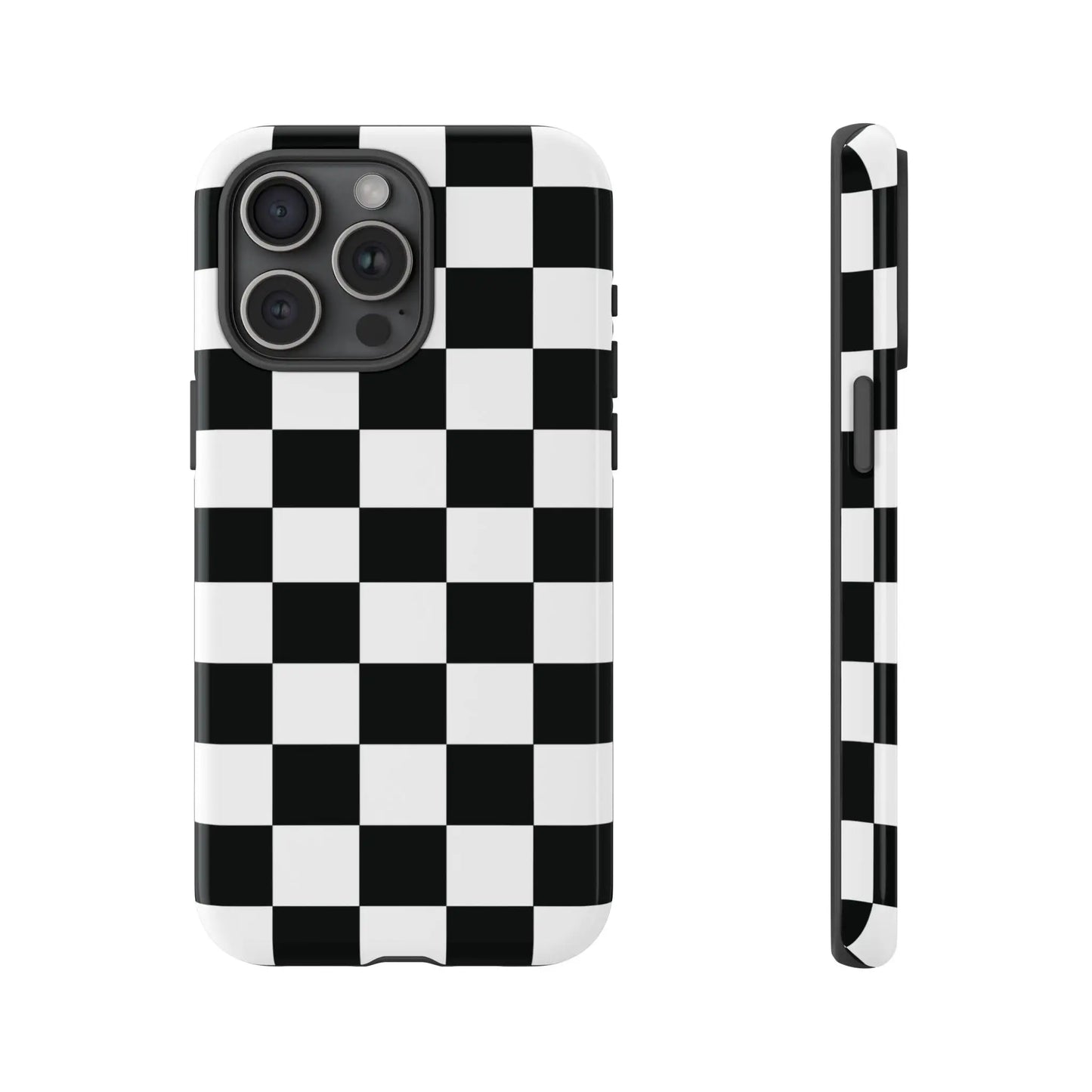 Black and white checkered flag phone case showing back side with sleek protective cover for iphone accessories
