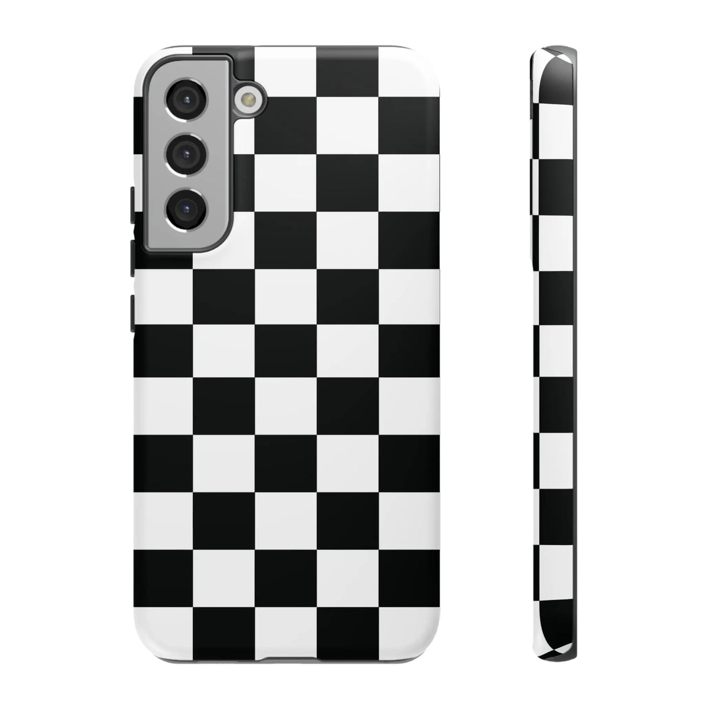 Back side of a black and white checkered flag phone case for samsung galaxy s21 designed as a protective cover
