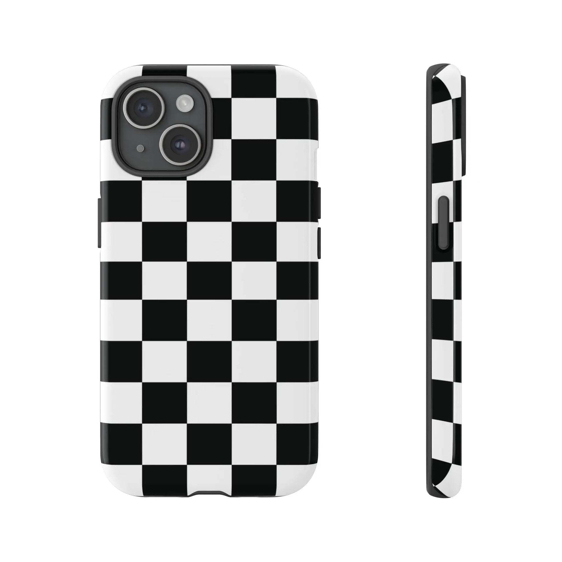 Back side of a black and white checkered flag phone case with a sleek glossy finish for iphone protection and style