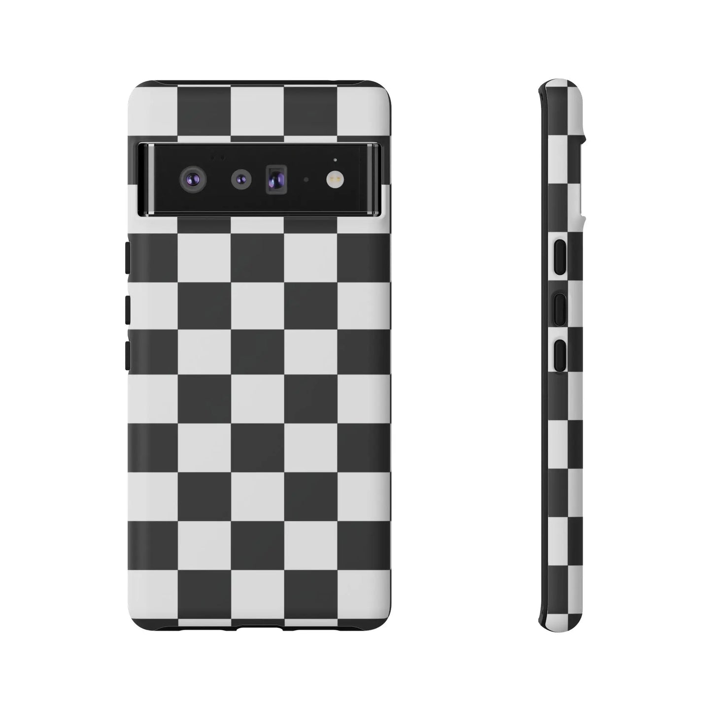 Black and white checkered flag phone case showing back side with sleek modern design for iphone protection