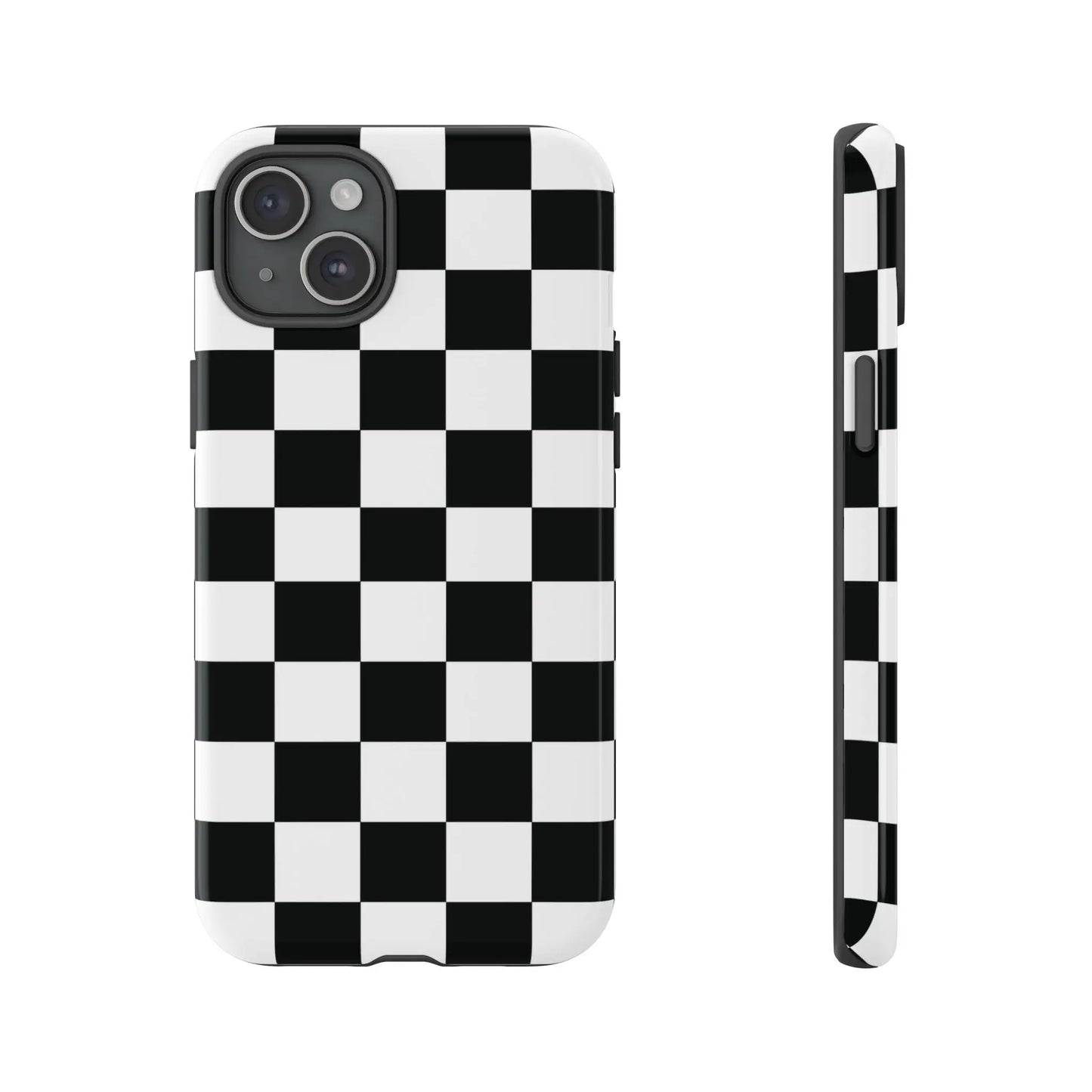 Back side of a black and white checkered flag phone case with a sleek glossy finish for iphone protective cover