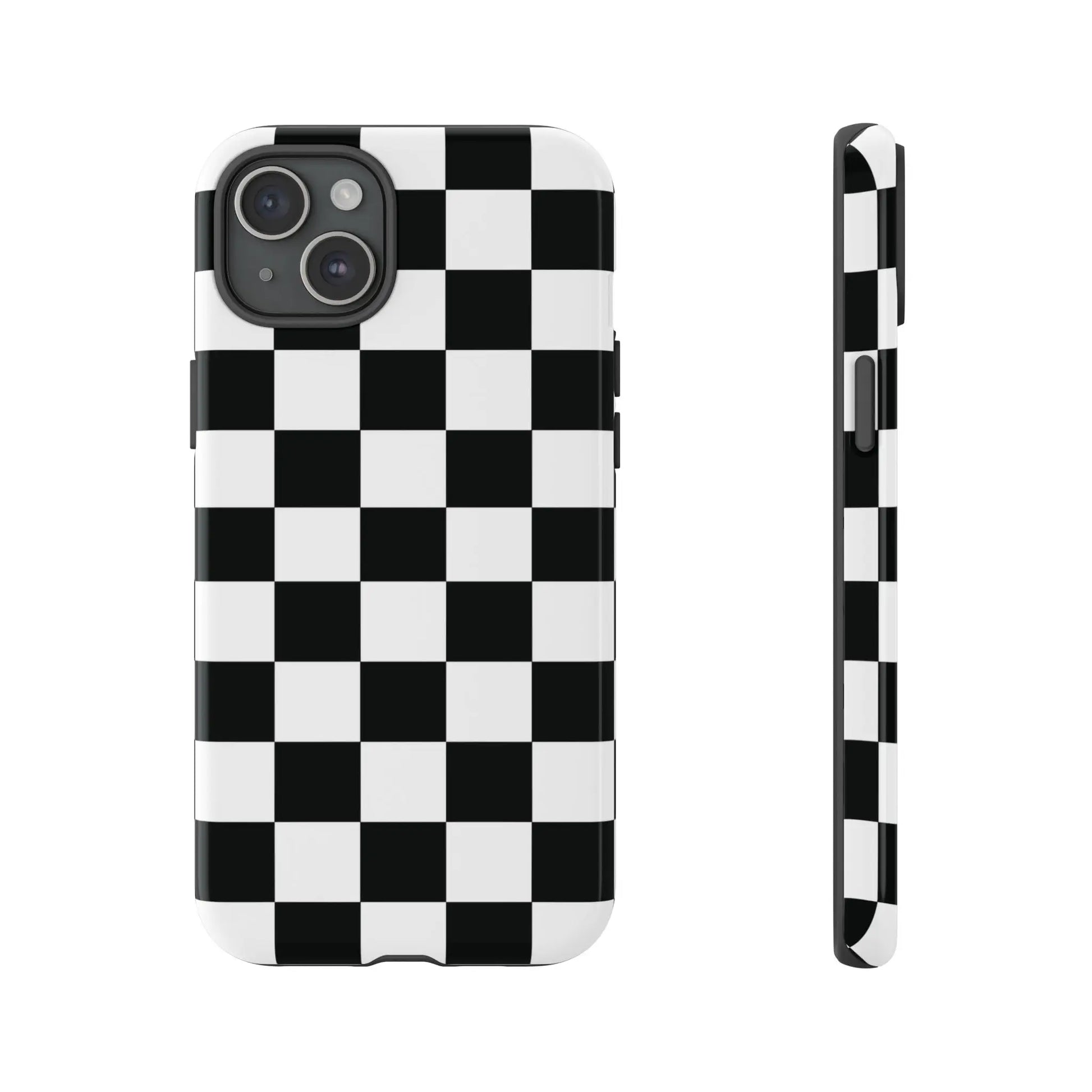 Back side of a black and white checkered flag phone case with a sleek glossy finish for iphone protective cover