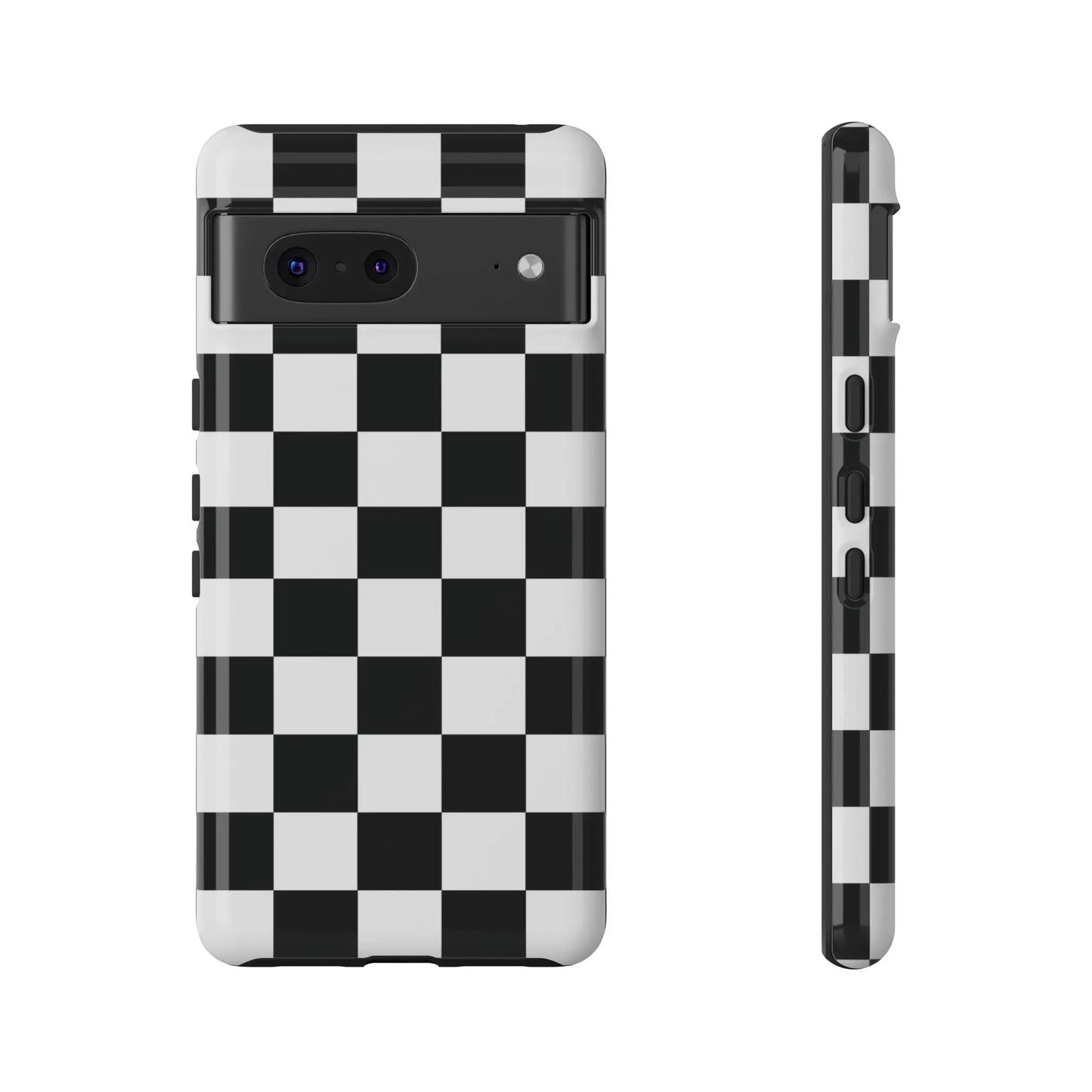 Black and white checkered flag phone case with glossy finish shown from the back for iPhone protection and style