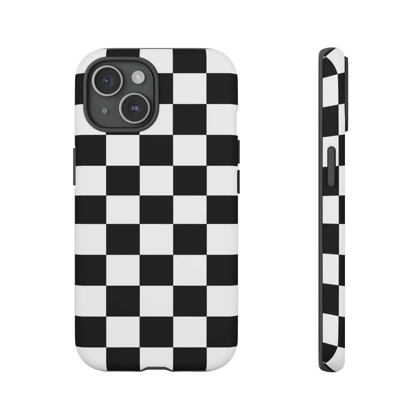 Black and white checkered flag phone case showing the back side with a sleek modern design for iphone protection