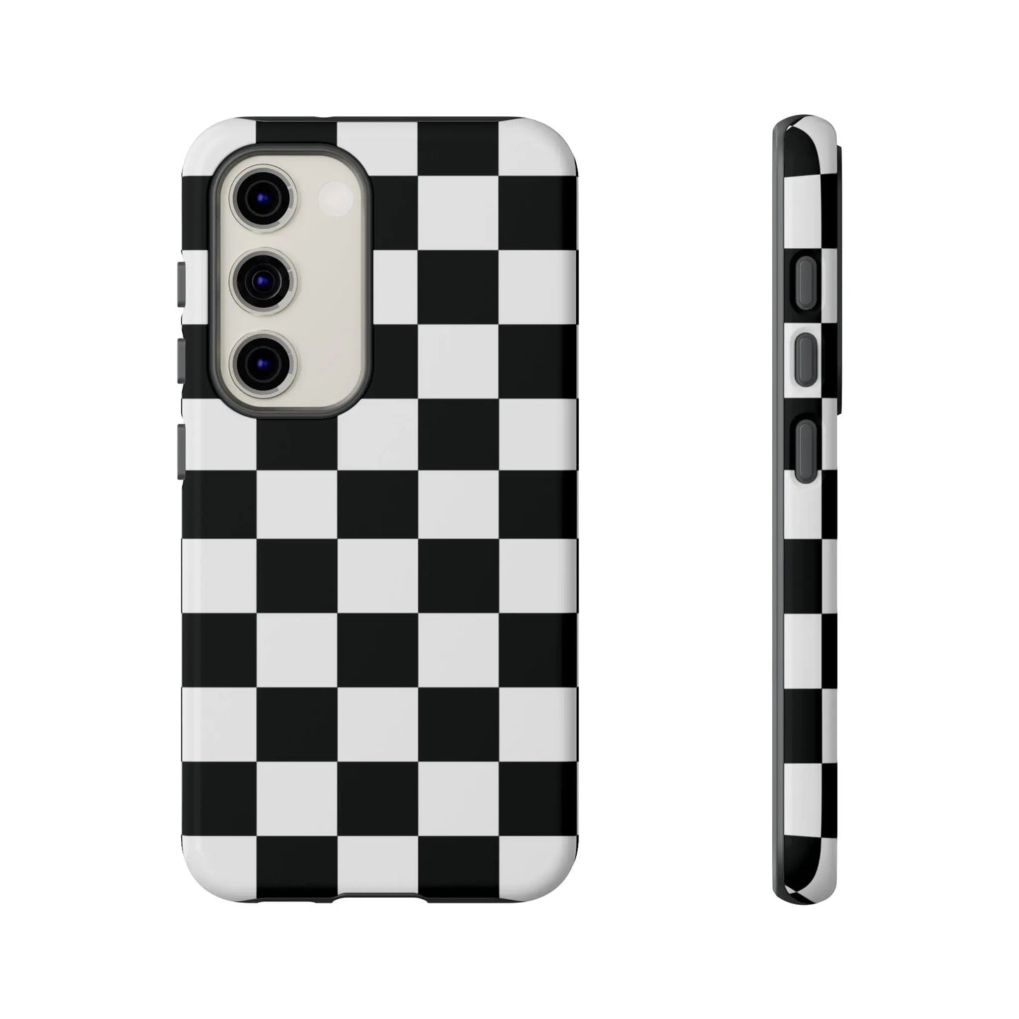 Black and white checkered flag phone case with sleek modern design shown from the back for iphone protection