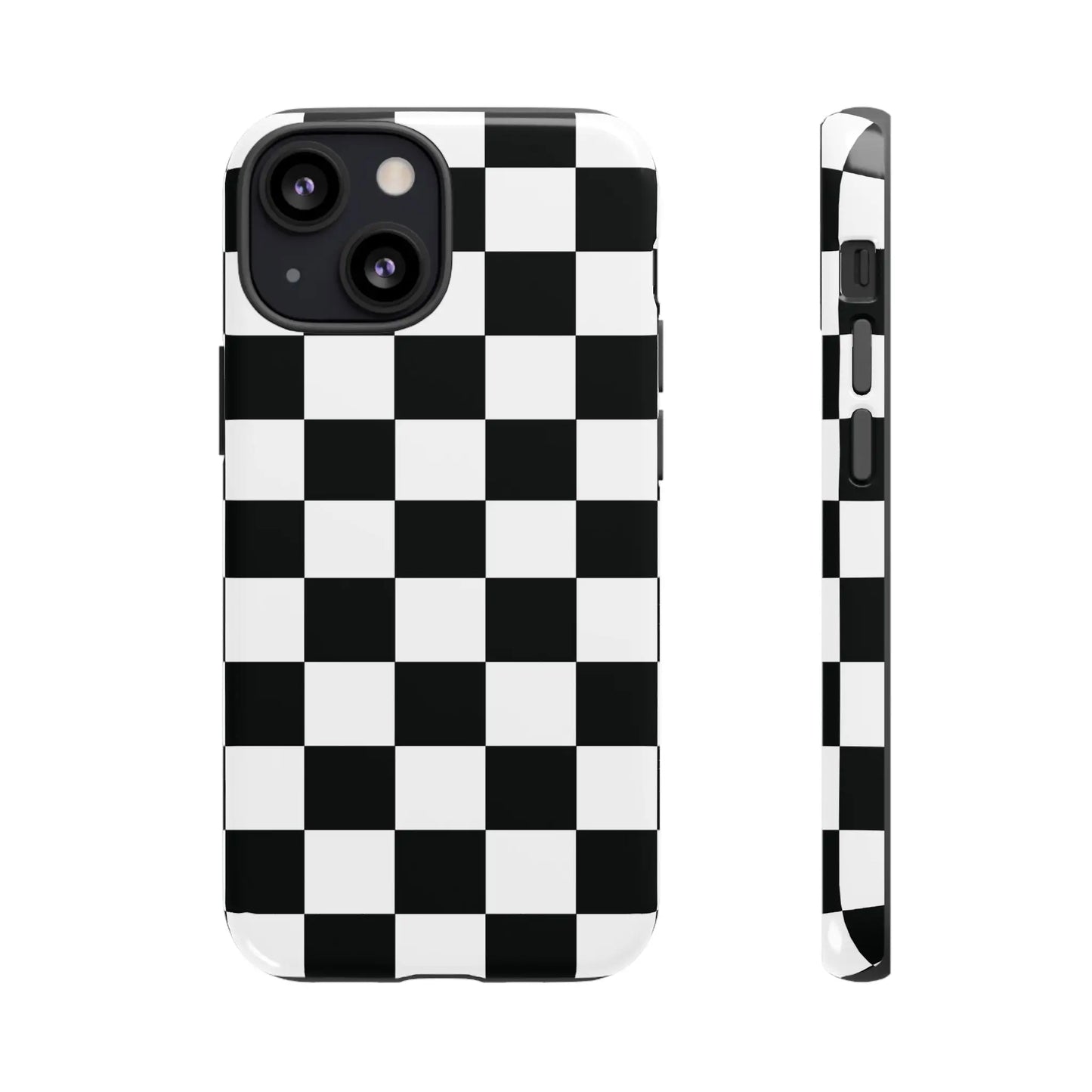 Black and white checkered flag phone case with glossy finish shown from the back for iphone protective cover