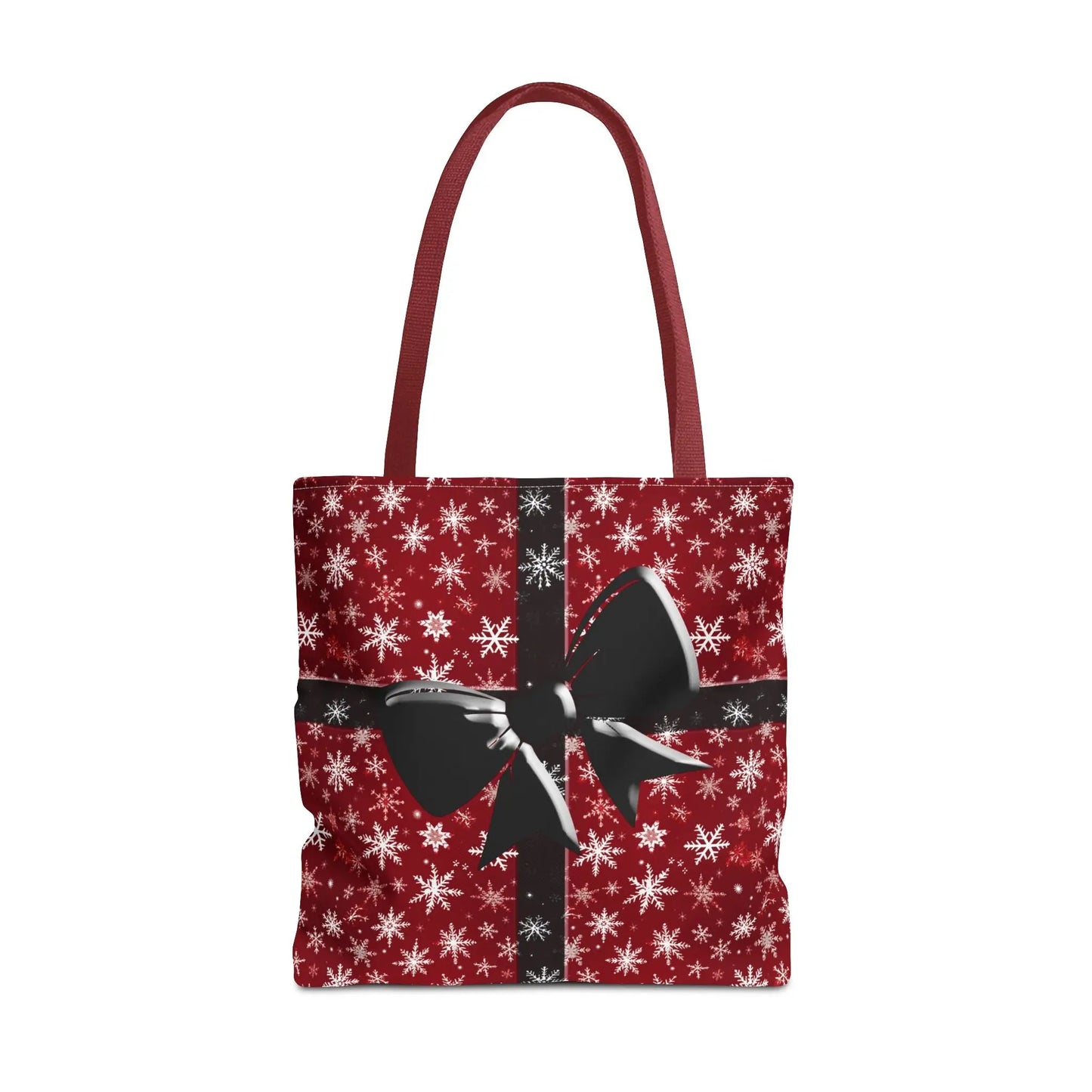 Red holiday tote bag with white snowflake pattern and festive black bow design for eco-friendly christmas shopping