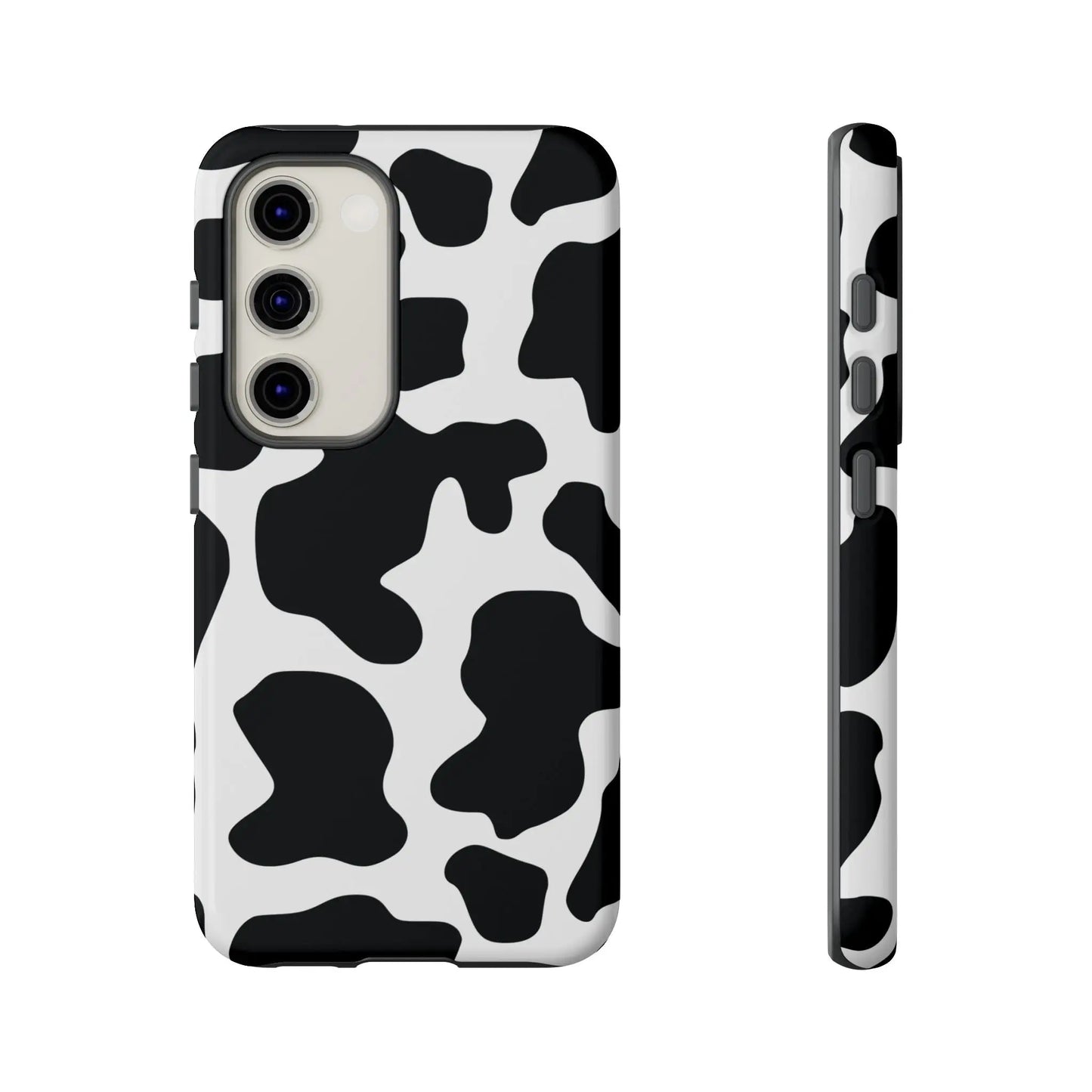 Black cow print phone case showing the back with a sleek protective black and white cow print design