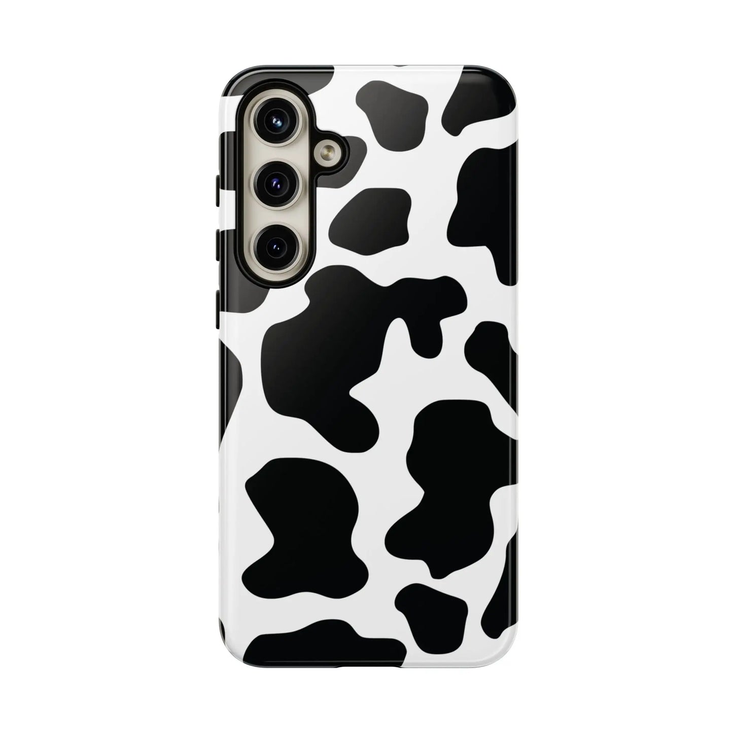 Black cow print phone case showing the back side with a protective black and white cow pattern cover