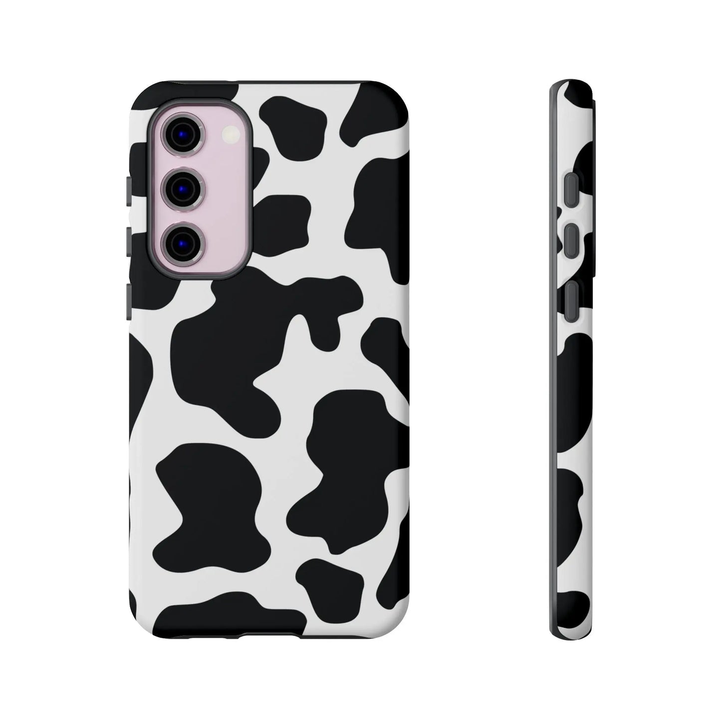 Black cow print phone case with sleek protective design shows back side of print phone case cover