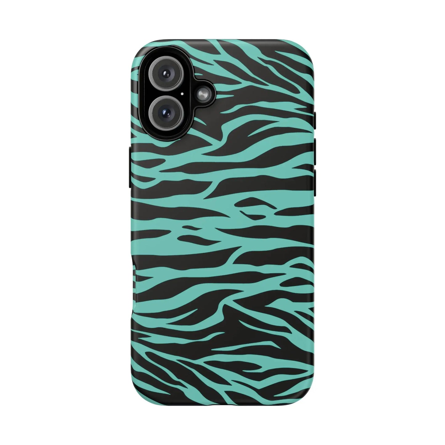Back side of a sleek phone case with bold black and teal wild tiger print pattern for iphone galaxy and pixel phones