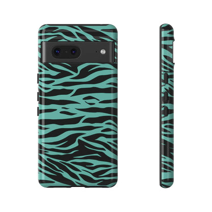 Back side of a sleek phone case with bold black and teal wild tiger print pattern for iPhone Galaxy S and Pixel phones