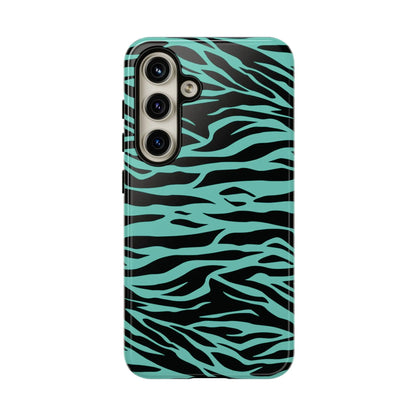 Sleek phone case with bold black and teal tiger print pattern on back designed for iphone galaxy s and pixel phones