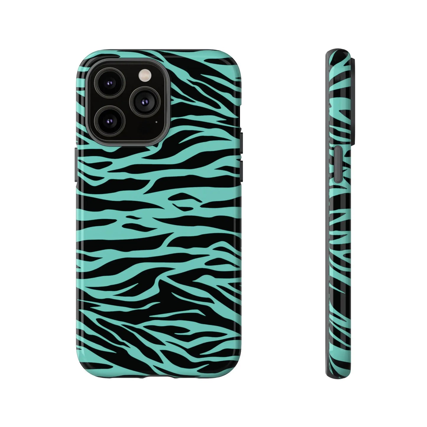 Sleek phone case with bold black and mint green wild tiger print pattern showing back designed for iphone protection