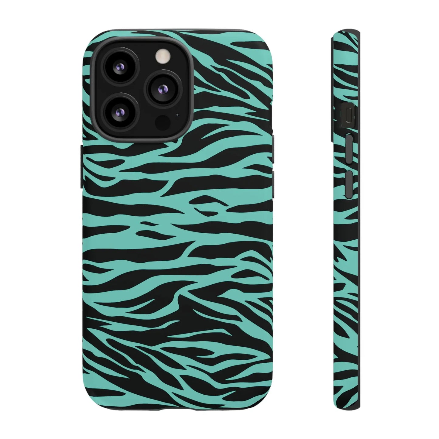 Sleek phone case with bold turquoise and black wild tiger print pattern designed for iphone triple camera cutout