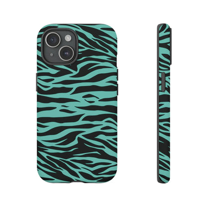 Back view of a sleek teal and black phone case with a bold wild tiger print pattern for iphone galaxy and pixel phones