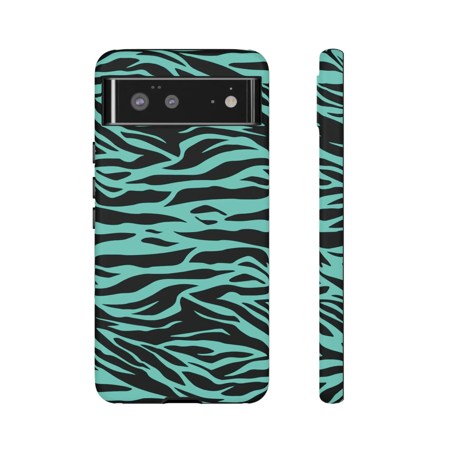 Back of a sleek phone case with a bold turquoise and black wild tiger print pattern for iphone galaxy s and pixel phones