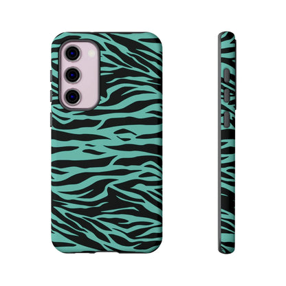 Back of a teal and black phone case with a sleek protective design featuring a green wild tiger print pattern