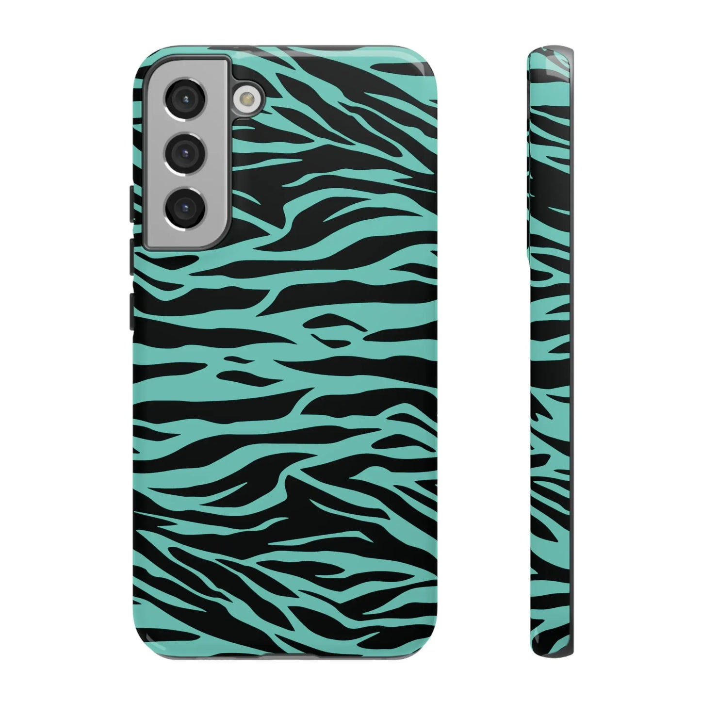 Back side of a sleek samsung galaxy s21 phone case with bold black and teal wild tiger print pattern design