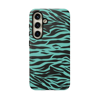 Back side of a sleek phone case with vibrant teal and black wild tiger print pattern for iphone galaxy and pixel phones