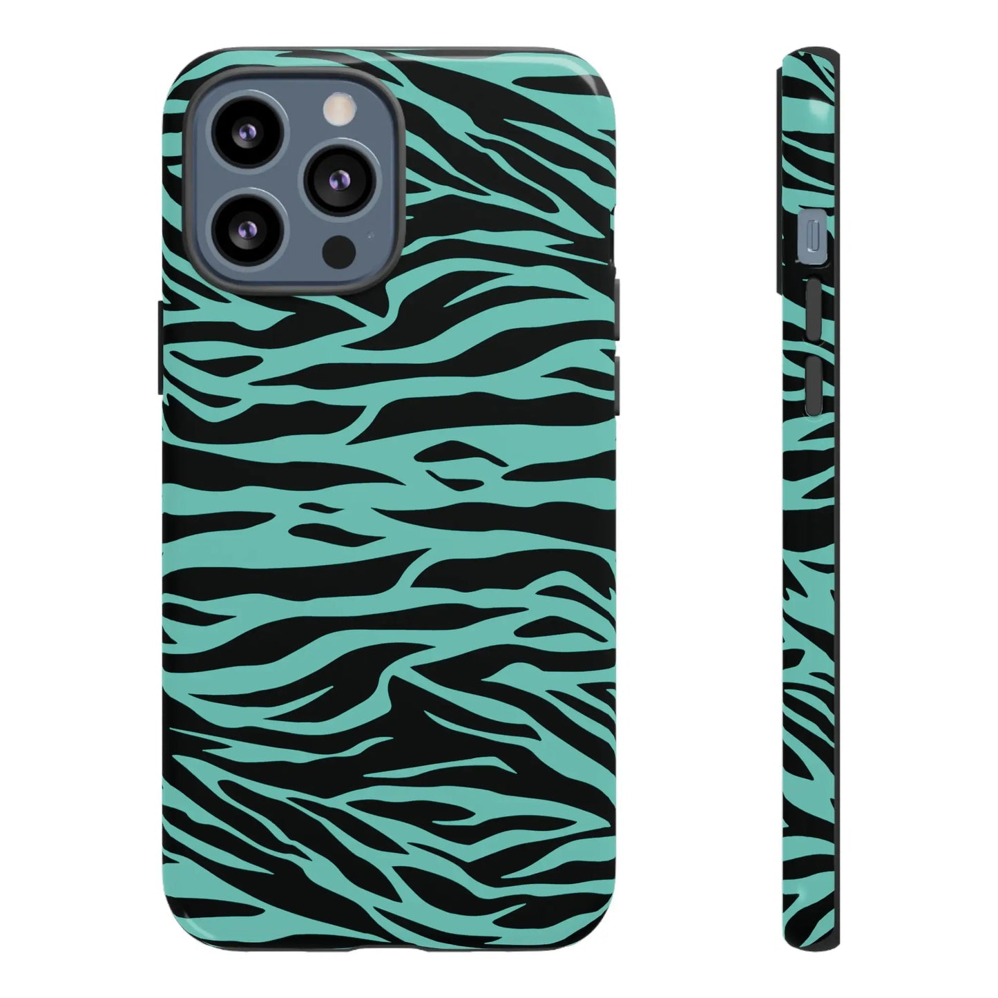 Back of a sleek phone case with bold turquoise and black wild tiger print pattern for iphone triple-camera models