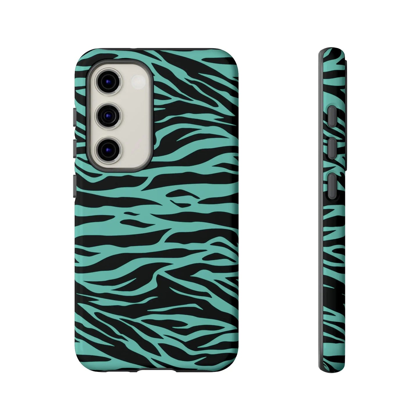 Teal and black zebra-print phone case with sleek protective design featuring wild tiger print pattern for iphone galaxy and pixel phones