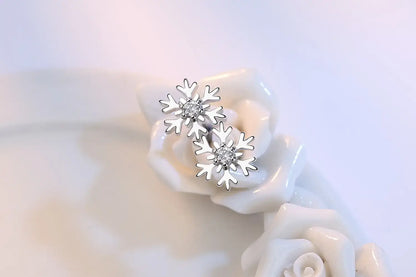Delicate Petite Snowflake Stud Earrings with Sparkling Zircon Accent - White Diamond
