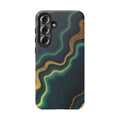 Elegant geode phone protector showing swirling teal and gold abstract patterns on dark navy back cover