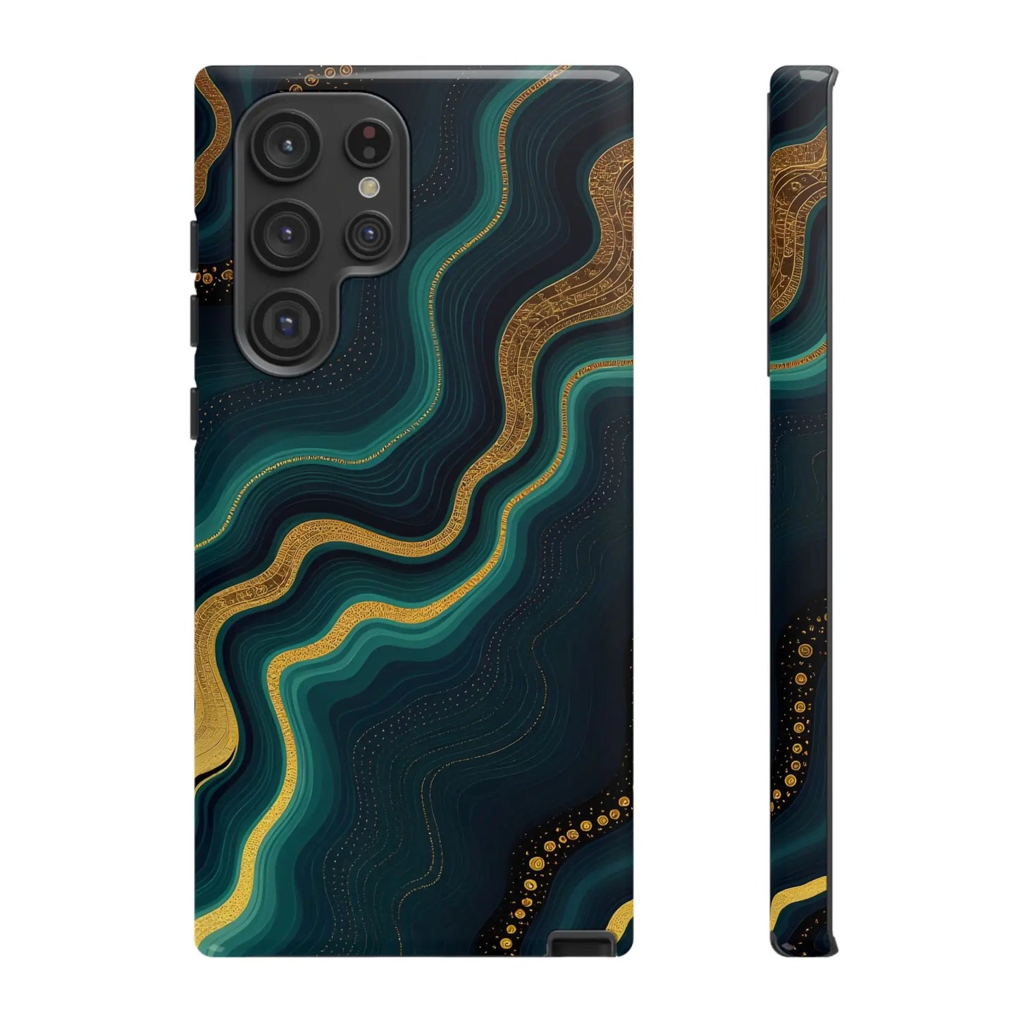 Back of a sleek geode phone protector with teal and gold marbled design on a deep navy phone protector case