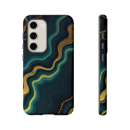 Back of a sleek geode phone protector with teal and gold marbled design on deep navy phone protector cover
