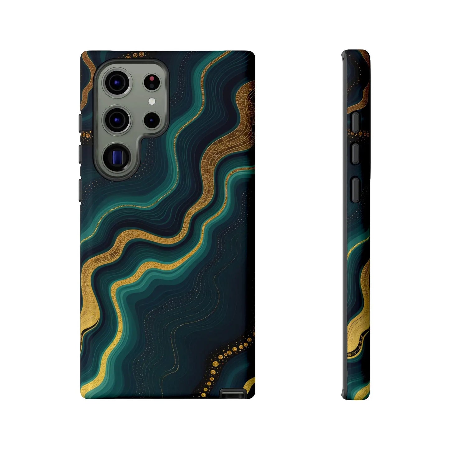 Back of a sleek elegant phone case with teal and gold marbled design on navy background geode phone protector