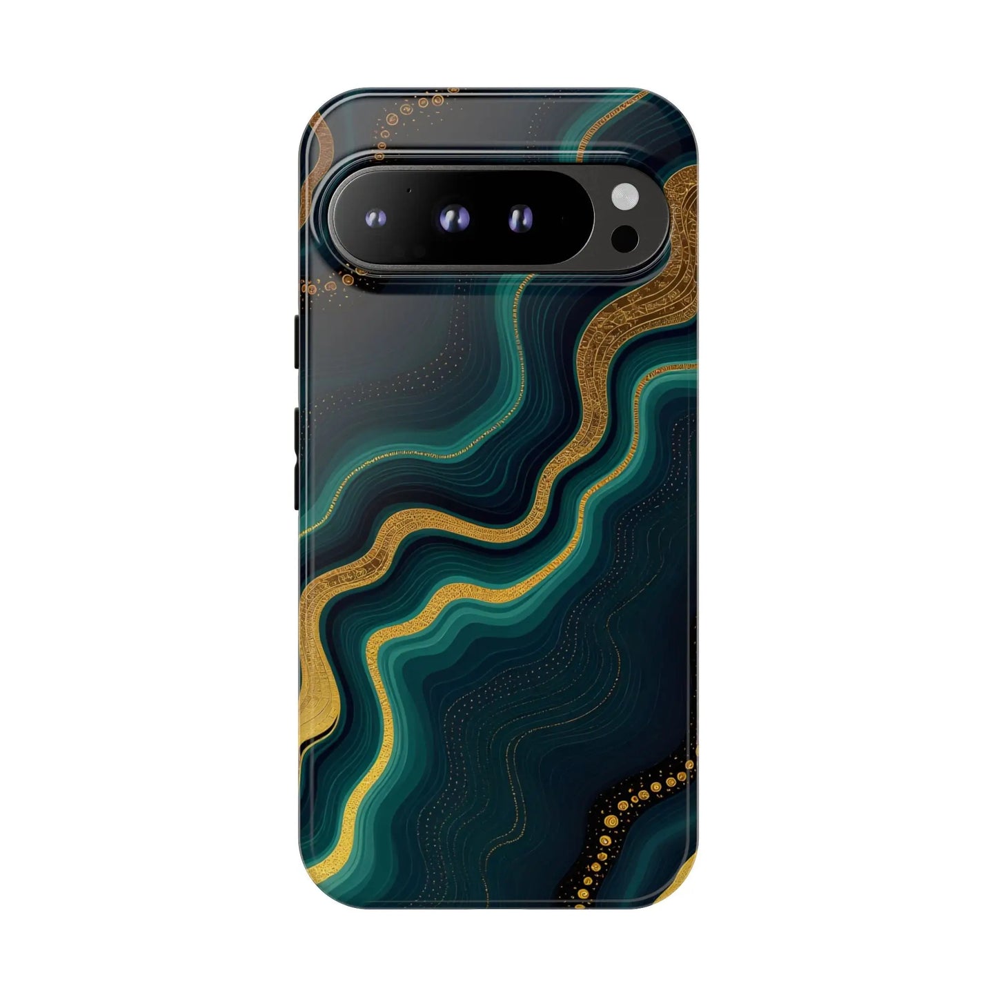 Elegant geode phone protector with teal and gold marbled design on deep navy background showing back side