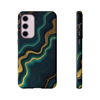Back of a sleek geode phone protector with teal and gold marbled design on deep navy stylish phone case