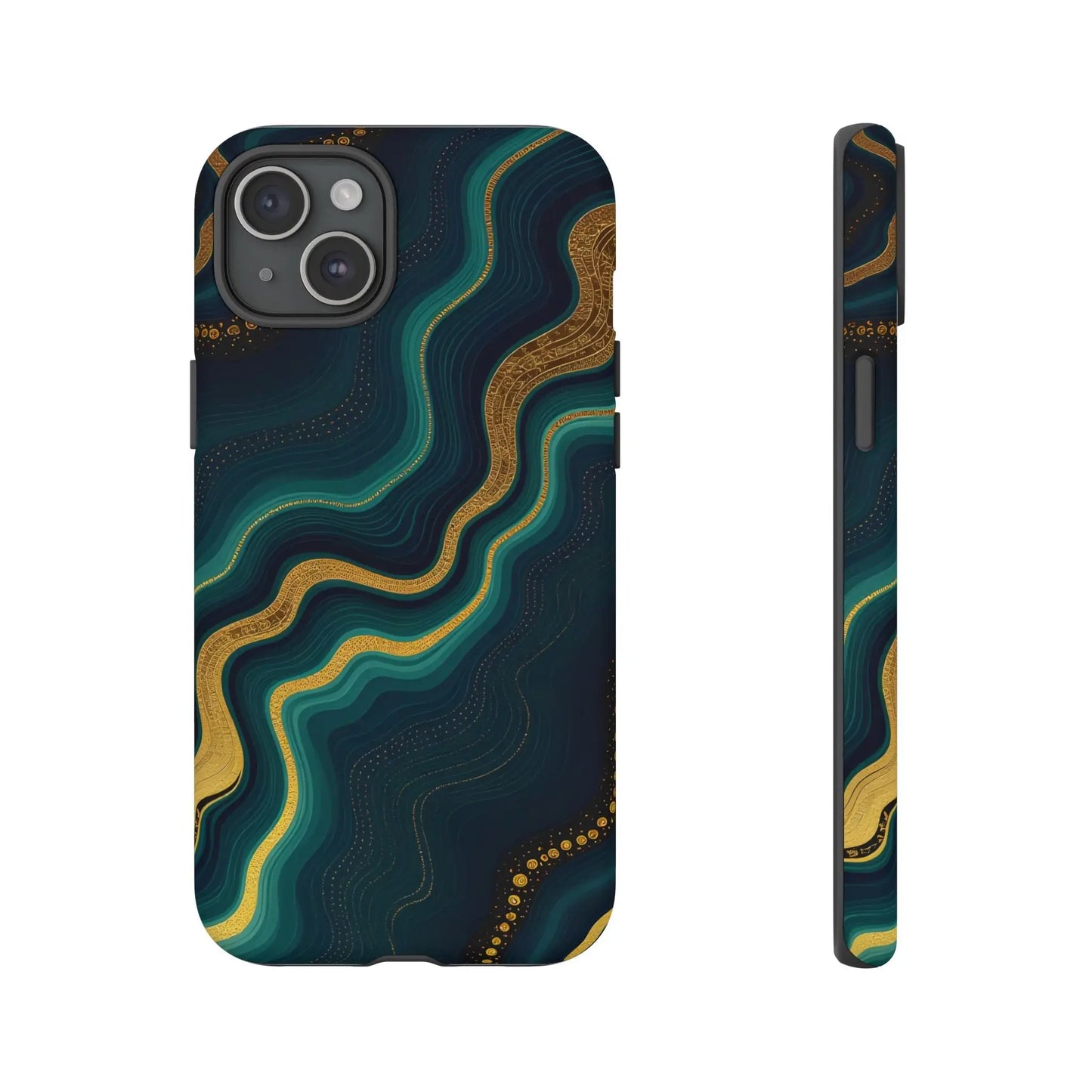 Elegant geode phone protector with abstract marbled gold and teal design on deep navy back for stylish protection