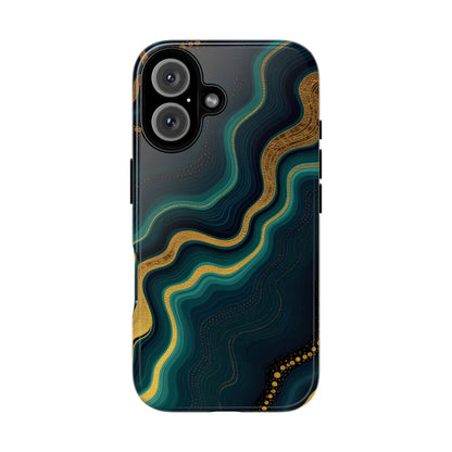 Back side of a sleek geode phone protector with teal and gold abstract patterns on deep navy for stylish protection