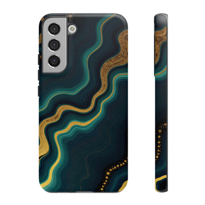 Back side of a sleek geode phone protector with teal and gold marbled patterns on a deep navy phone protector