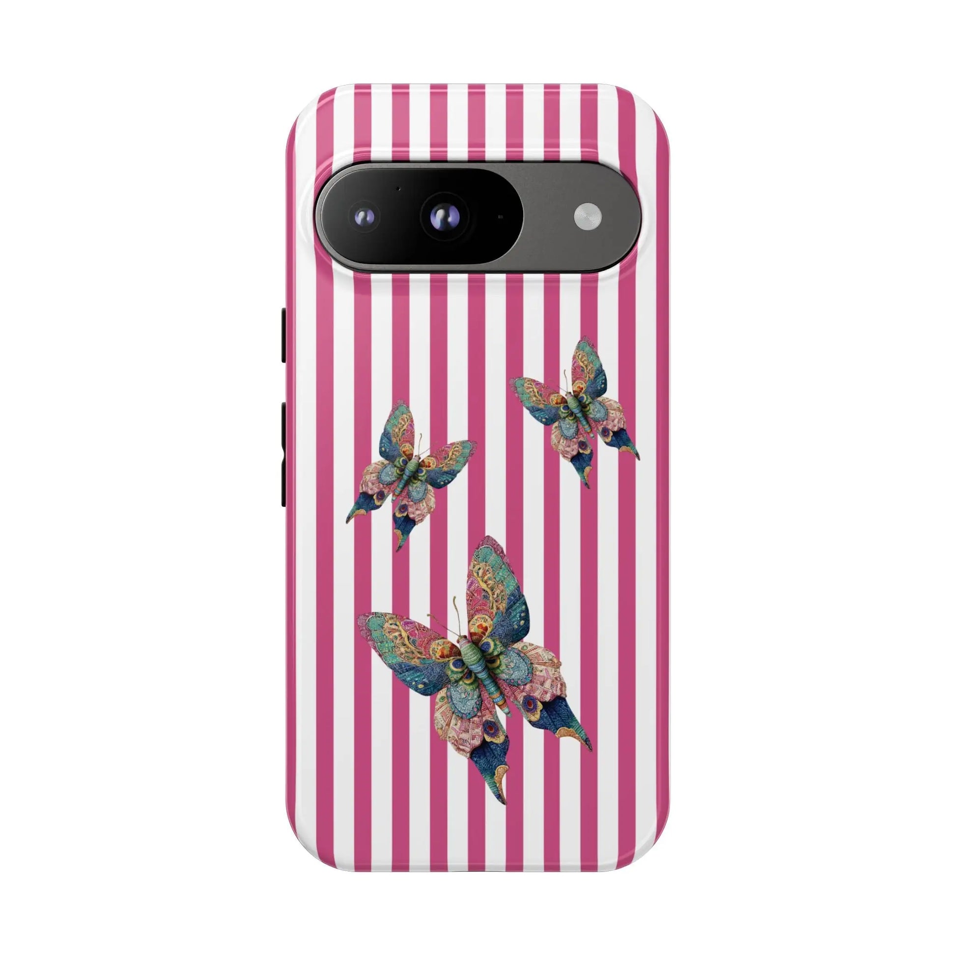 Back side of a floral butterfly pink stripe phone case with vertical pink and white stripes and colorful butterfly design