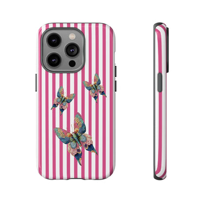 Back of a floral butterfly pink stripe phone case with vibrant pink and white stripes and multicolored butterfly design
