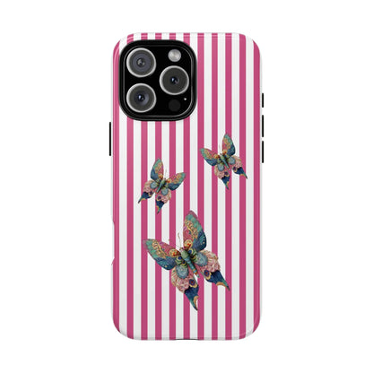 Floral butterfly pink stripe phone case with vibrant pink and white stripes and multicolored butterfly design on back side