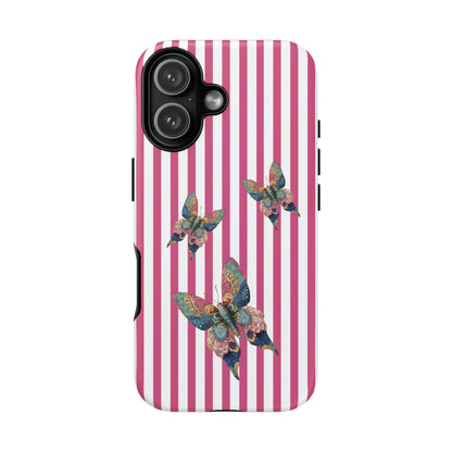 Back side of a floral butterfly pink stripe phone case with vibrant pink and white stripes and multicolored butterfly design