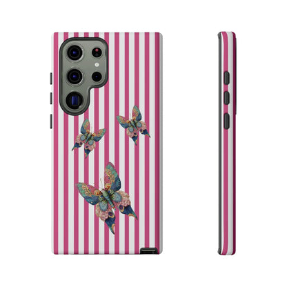 Back view of a floral butterfly pink stripe phone case with vibrant multicolored butterflies and pink white stripes