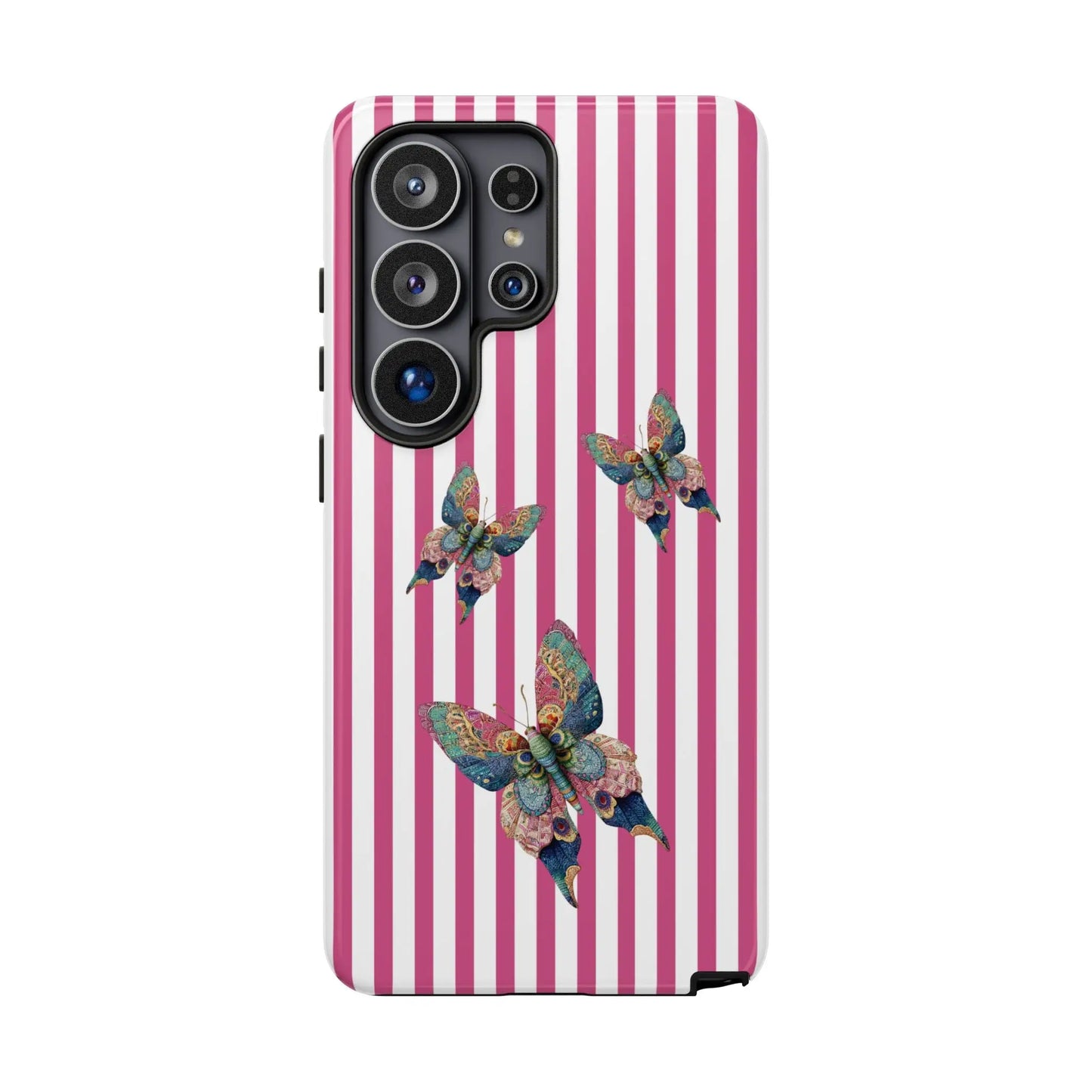 Back of a floral butterfly pink stripe phone case with pink and white stripes and three colorful detailed butterflies