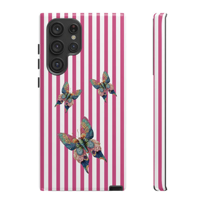 Floral butterfly pink stripe phone case with vibrant pink and white stripes and multicolored butterfly design on the back