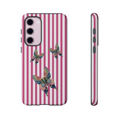 Vibrant floral butterfly pink stripe phone case with three multicolored butterflies on the back side